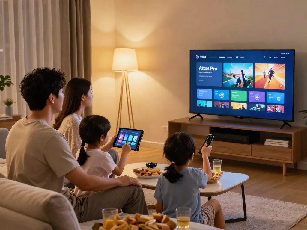Famille profitant d'Atlas Pro ONTV sur leur téléviseur à domicile.