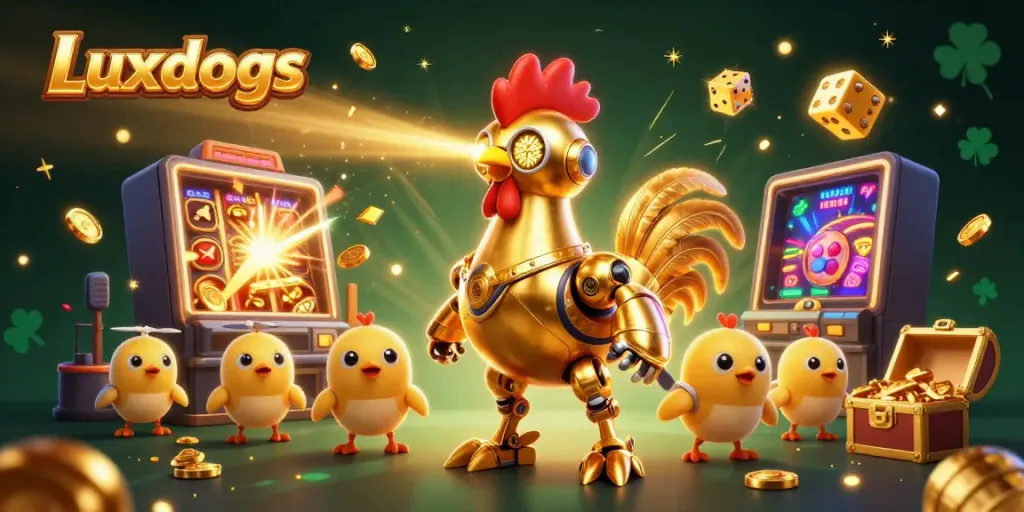 Experience thrilling wins with Luxdogs at a vibrant online casino scene filled with golden treasures and colorful symbols.