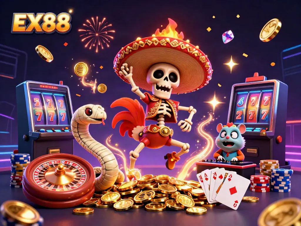 Win big with EX88's celebratory 3D illustration featuring energetic characters and vibrant gaming elements.