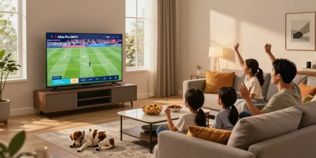 Famille profitant d'Atlas Pro ONTV dans leur salon, regardant un match.