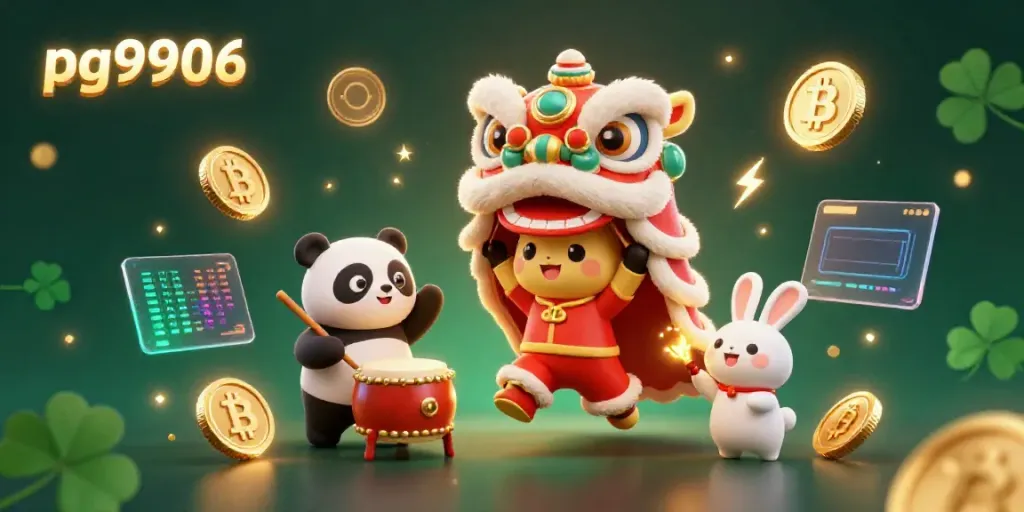 Experience exciting gameplay at pg9906 with vibrant 3D illustrations of a lion dance, crypto elements, and festive decorations.