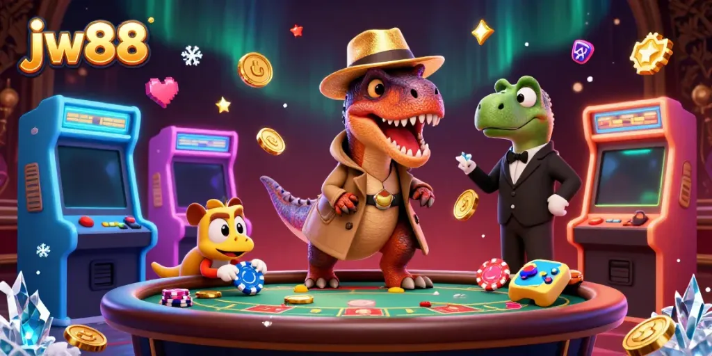 Experience the thrilling world of JW88 with cartoon dinosaurs at a blackjack table and vibrant casino elements.