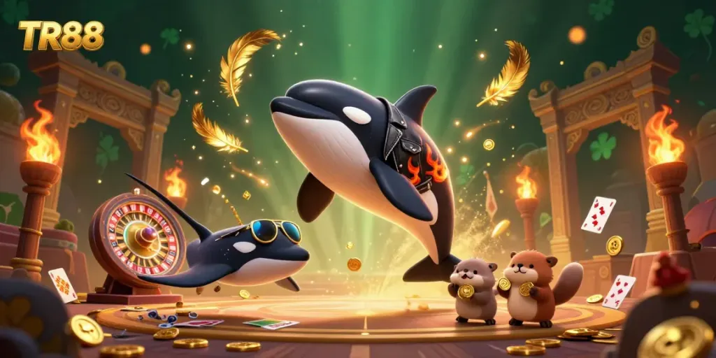 Engage with TR88: Exciting orca, stingray, and otters in vibrant casino scene.