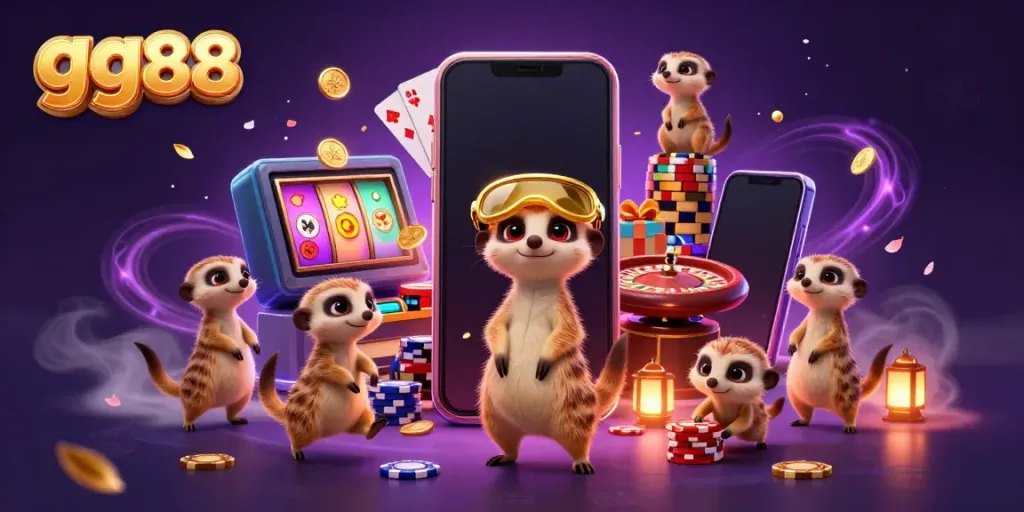 Experience the excitement of gg88 with meerkats managing a vibrant casino, filled with gaming elements