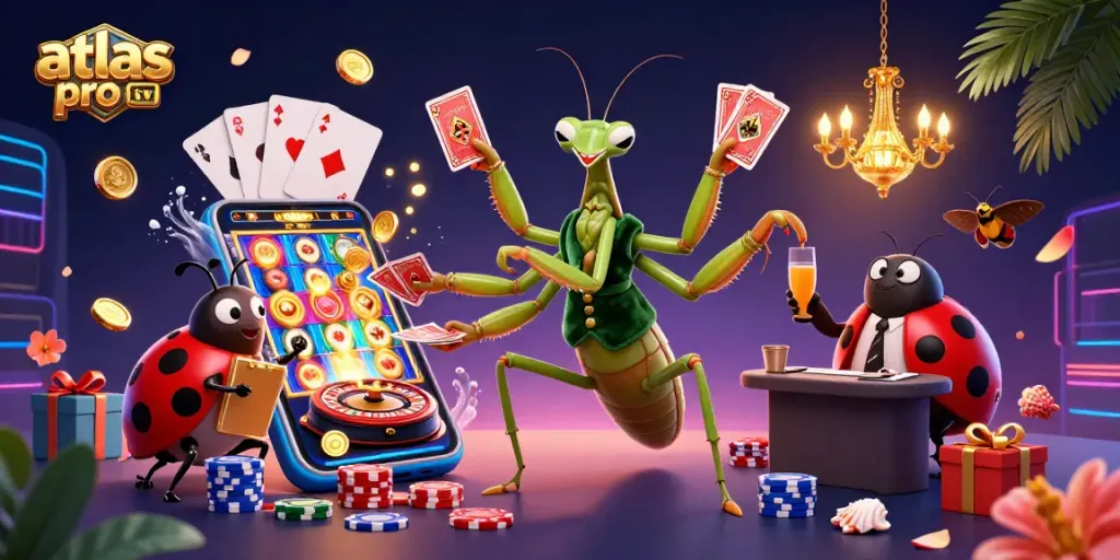 atlas pro tv : amusez-vous avec le jeu de cartes et les pièces dans une scène de casino animée