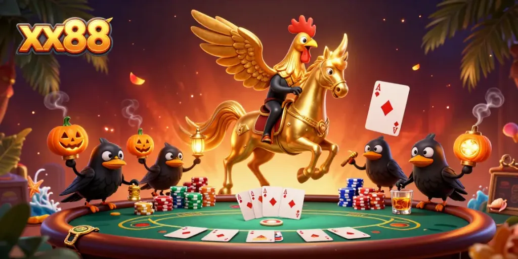 Experience thrilling gaming at xx88 with a golden rooster riding through a spectacular casino scene.