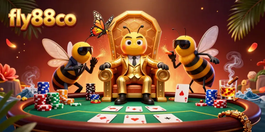 Experience the lively atmosphere of gambling with fly88co's vibrant casino scene featuring unique characters and rich details.
