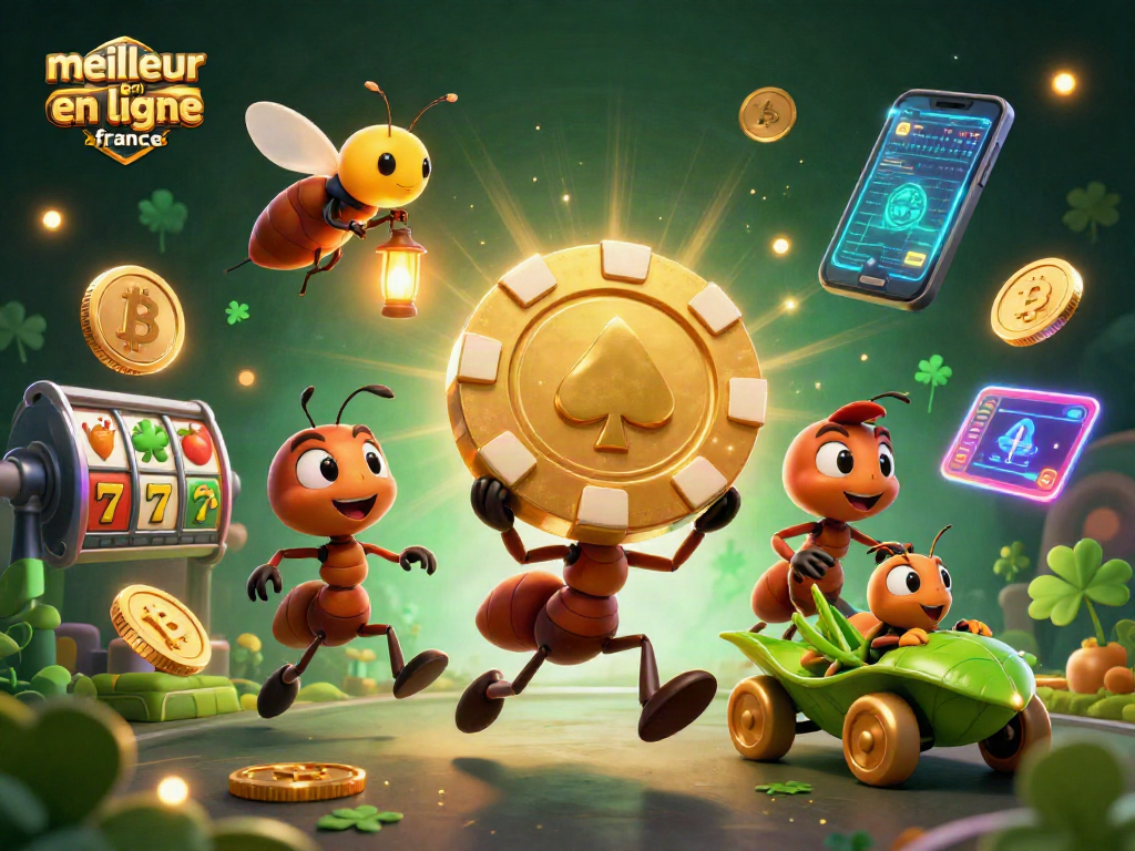 Jouez aux jeux du meilleur casino en ligne France avec une équipe d'ants apportant un jeton doré.