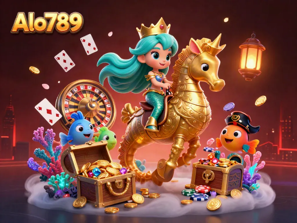 Alo789 showcases vibrant casino adventure with a mermaid and giant seahorse amidst gambling elements.