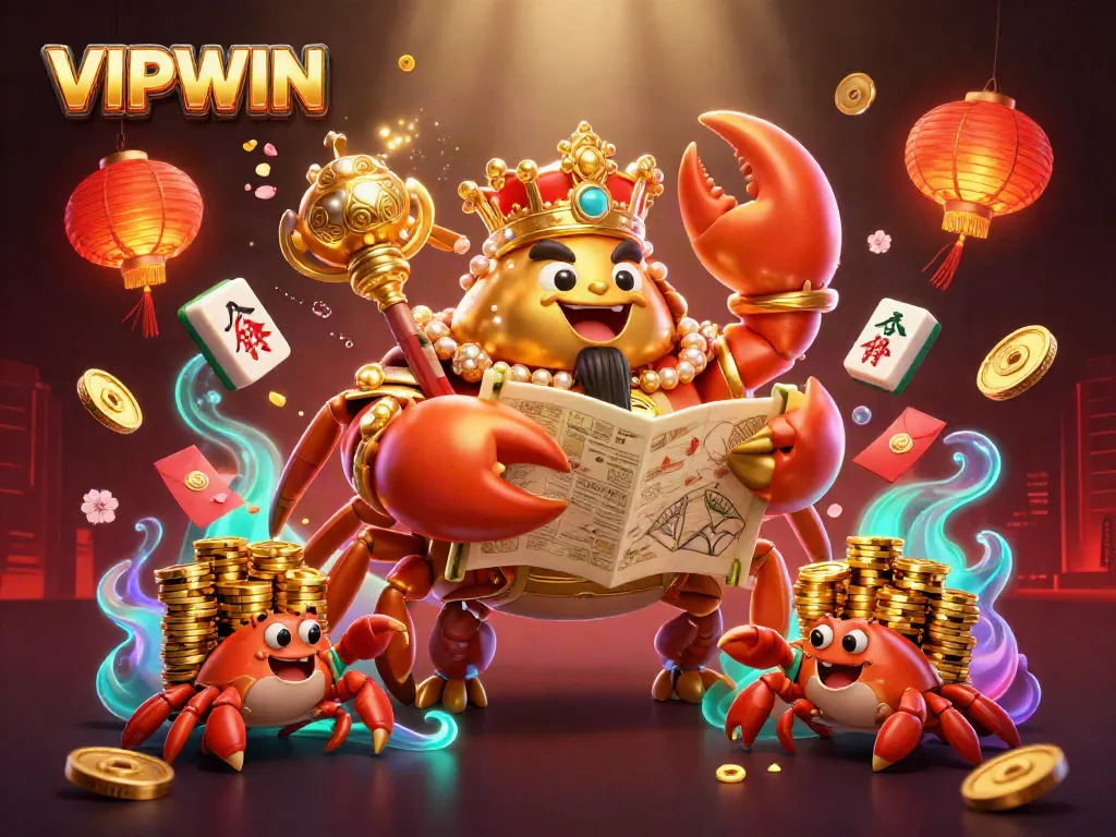 Experience luxury gaming with VIPWIN, featuring cartoon crab emperor amidst festive decorations.