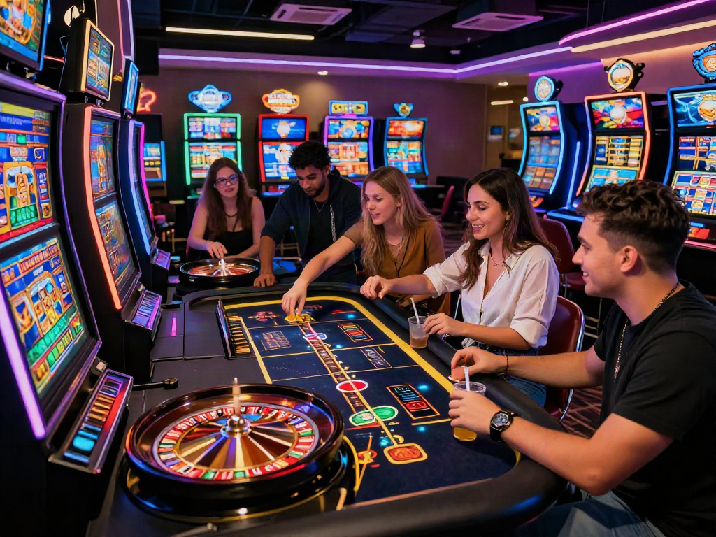 Scène dynamique de joueurs dans un casino en ligne réunis autour d'une table de jeux, ambiance festive avec machines à sous et roulette, jouant à casino en ligne.