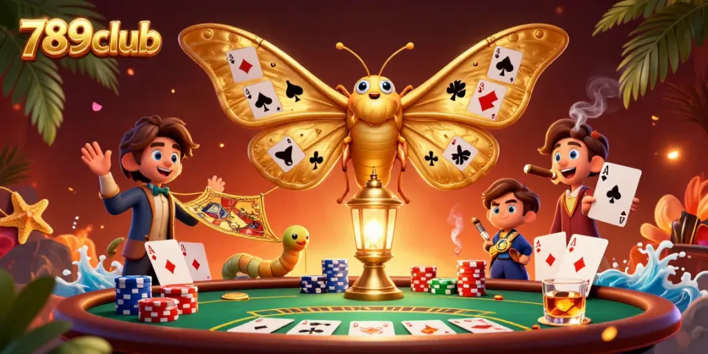 Engage with 789club's exciting casino experience featuring vibrant 3D moth and poker scene.