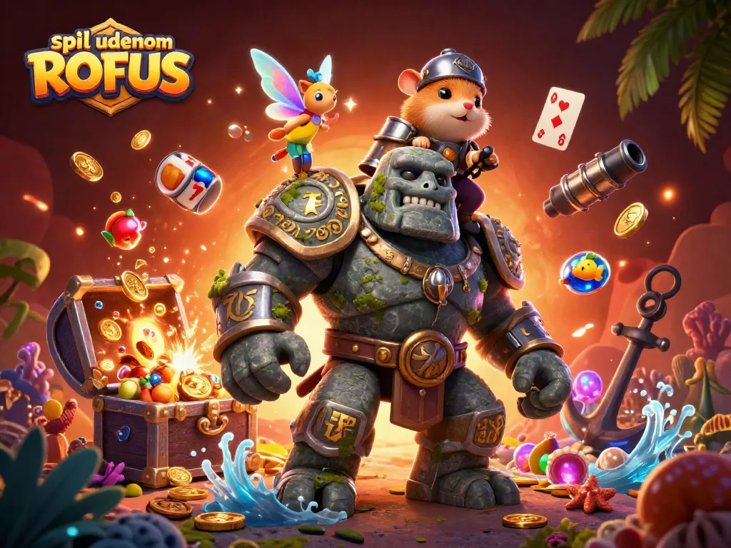 Play slot games in a magical scene featuring spil uden om ROFUS with unique characters and vibrant elements.