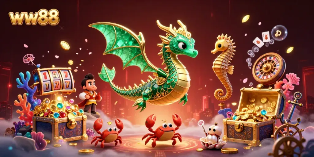 Engage with the thrilling world of ww88 featuring a sea dragon and treasure-filled casino scene.