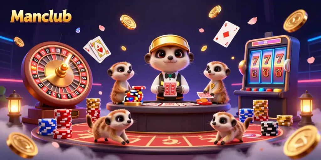 Experience the thrill of gambling at Manclub with meerkats hosting a lively casino scene filled with winnings.