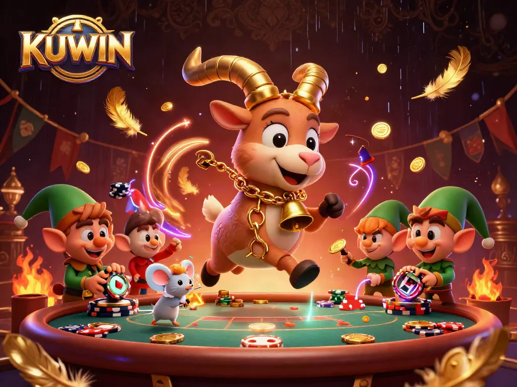 Immerse in the thrilling KUWIN casino experience with a lively holiday-themed scene featuring Krampus and gremlins.