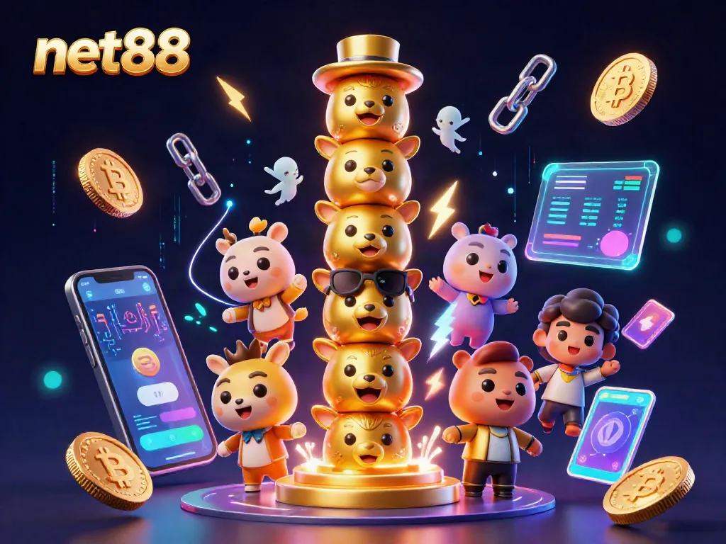 Engage with net88 Casino's vibrant scene featuring animated totem pole and glowing crypto elements.