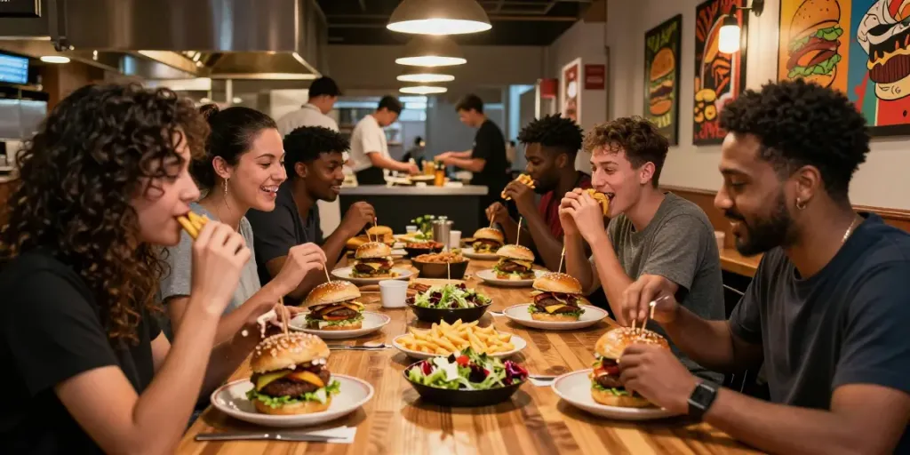Un groupe d'amis dégustant des blackandwhite burgers dans un restaurant vibrant.