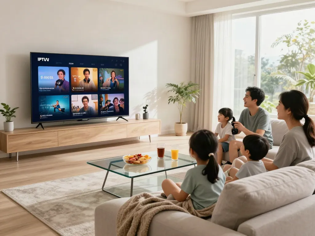 Famille profitant d'un abonnement IPTV France sur Smart TV dans un salon moderne.