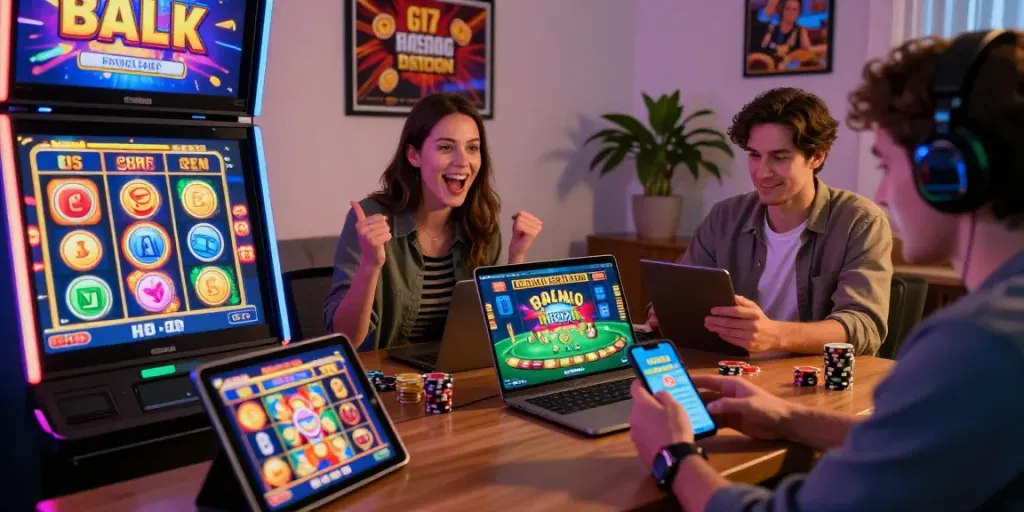 Bonus casino sans dépôt : joueurs profitant de jeux de casino en ligne dans un environnement confortable.