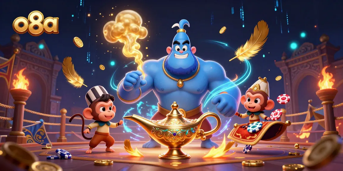 Experience the thrill of o8a with a cartoon genie and poker-themed magic carpet in a vibrant casino scene.