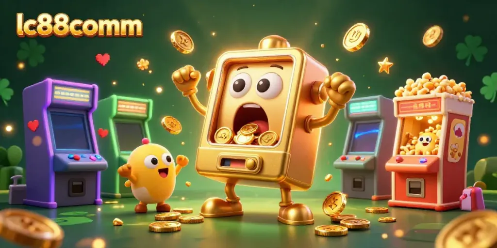 Experience jackpot excitement at lc88comm with a 3D golden slot machine and cheering segments in a vibrant casino atmosphere.