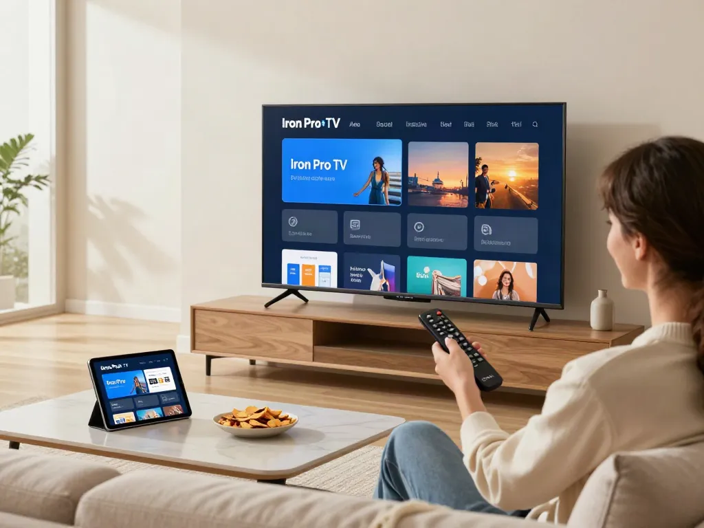Utilisation de l'interface Iron Pro TV dans un salon moderne, utilisateur heureux avec télécommande.