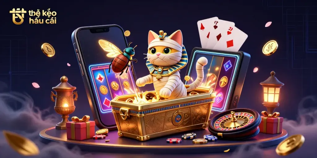 Engaging scene depicting tỷ lệ kèo nhà cái with cartoon Egyptian mummy cat, scarab beetle, and glowing casino elements.