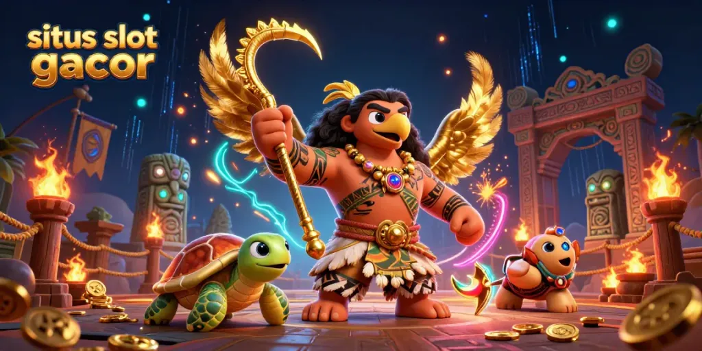 Experience winning with situs slot gacor as Polynesian-themed characters interact in a vibrant casino scene.