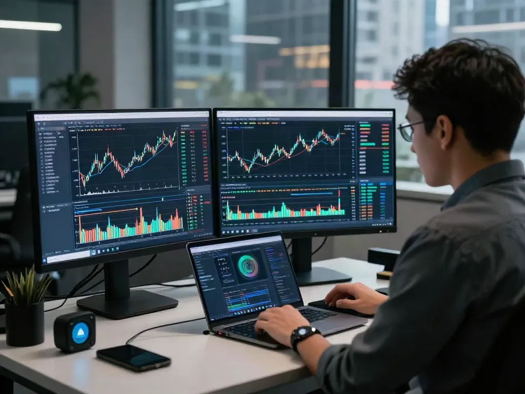 Couponeau : trader utilisant une plateforme d'analyse financière moderne dans un environnement technologique.