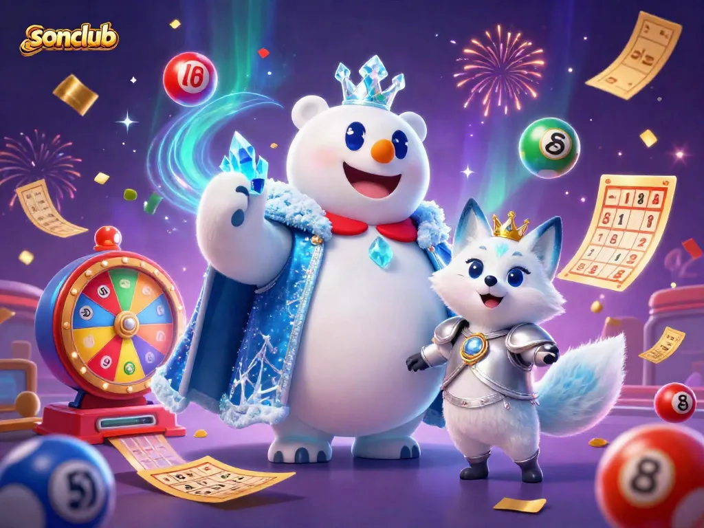 Experience thrilling gameplay at sonclub with a 3D ice king and snow fox, surrounded by dynamic lottery elements.
