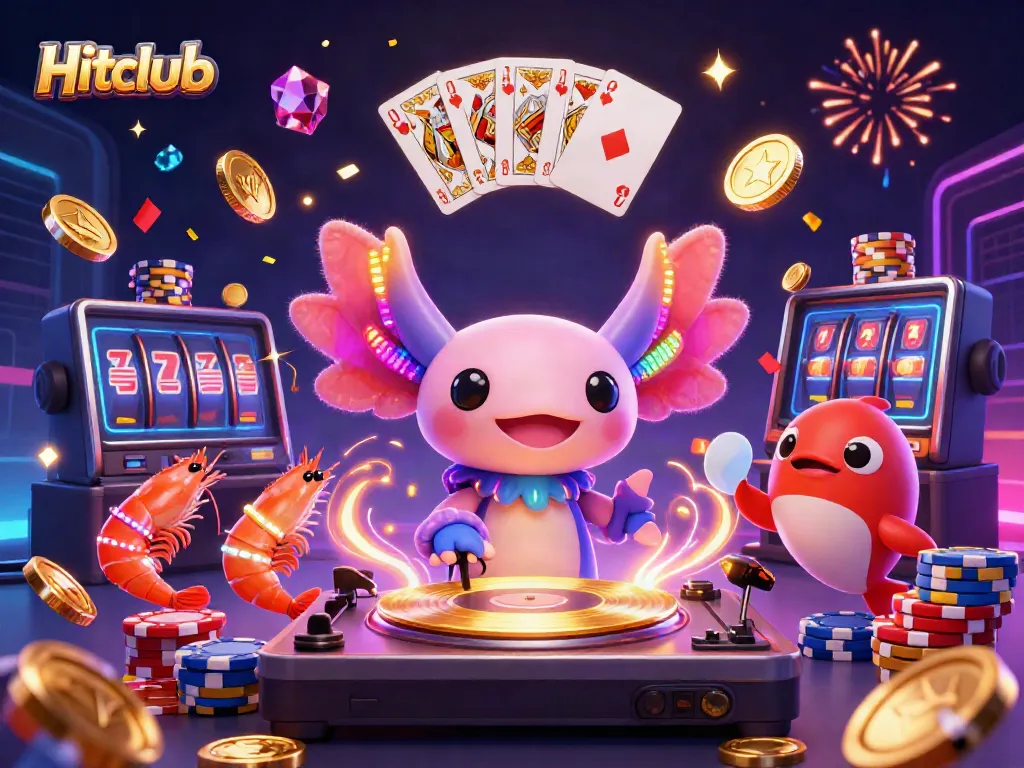 Experience vibrant gaming action with Hitclub's neon-themed casino illustration featuring unique aquatic DJs.