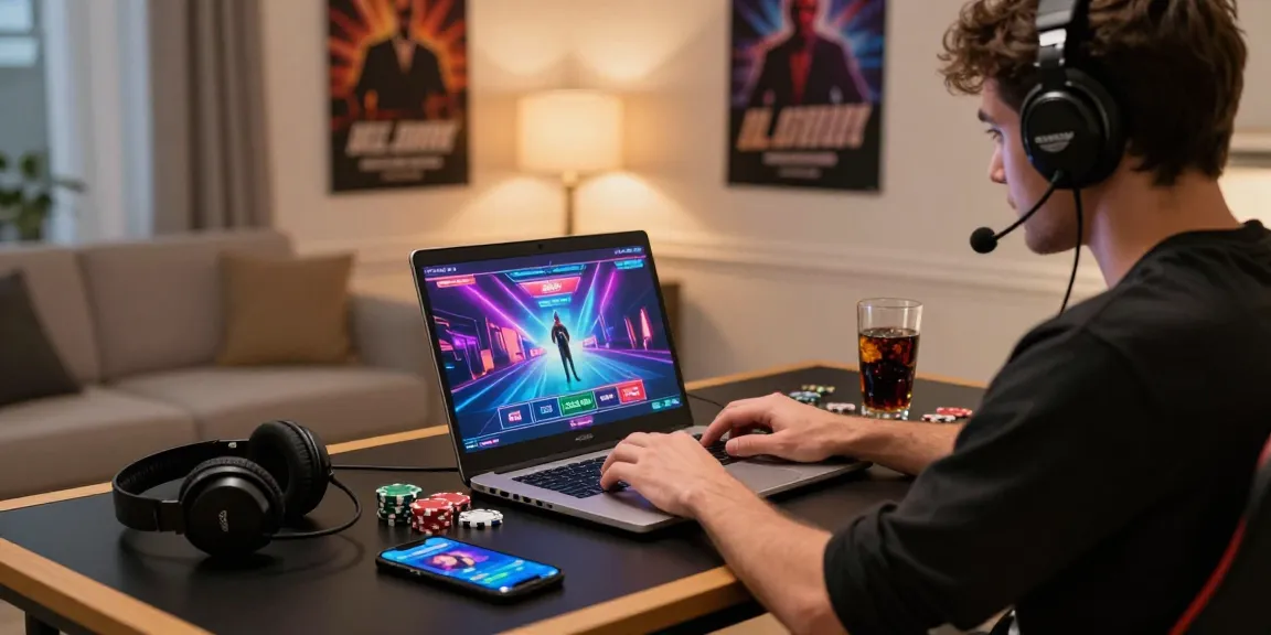 Un joueur engagé sur un meilleur casino en ligne dans un bureau luxueux avec éclairage douillet.
