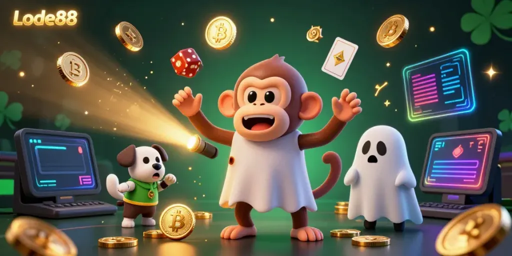 Lode88 gaming illustration featuring a mischievous monkey and ghost-hunter puppy in a haunted casino.