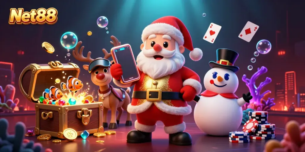 Experience the excitement of Net88 with Santa and friends in a vibrant casino jackpot scene.