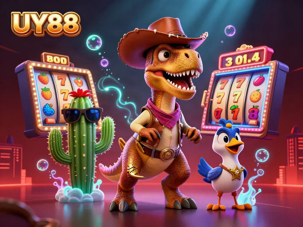 Engage with UY88 casino action featuring a T-Rex dinosaur, lucky symbols, and vibrant neon lights.