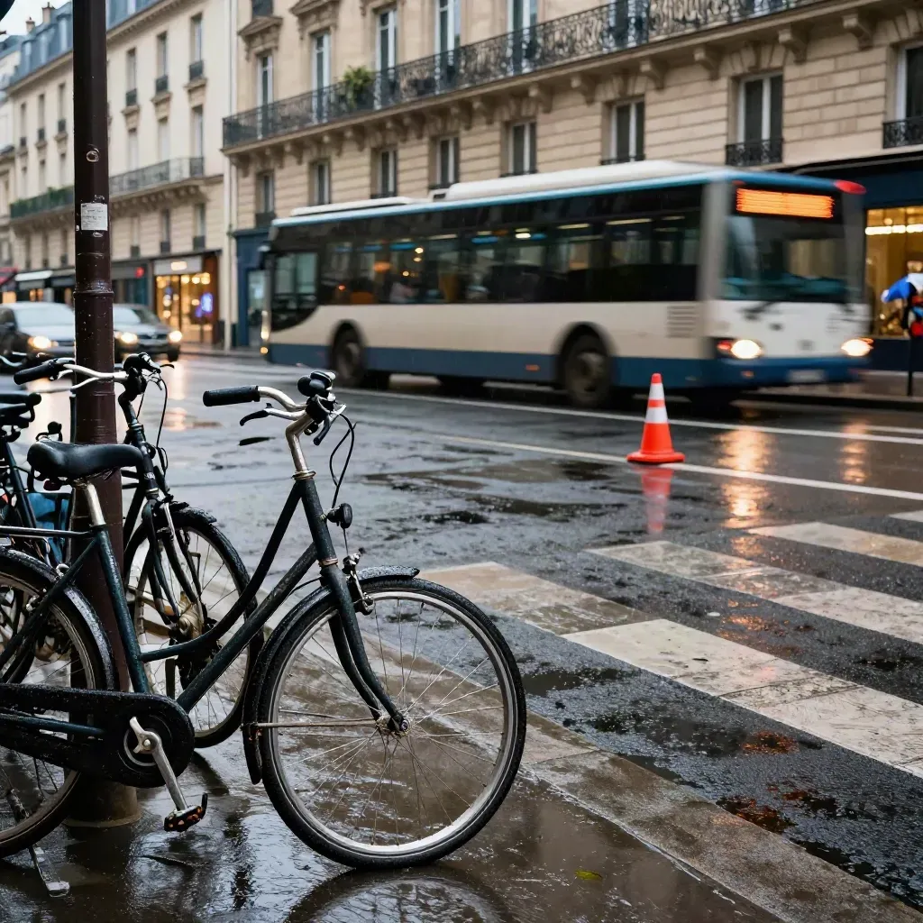 Carrefour parisien mouillé, vélos, bus flou, façades haussmanniennes et reflets orange.