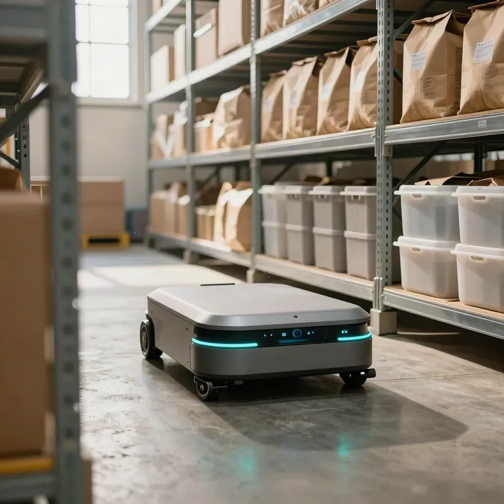 Robot autonome dans un entrepôt, pivotant entre des bacs neutres sous une lumière chaude.