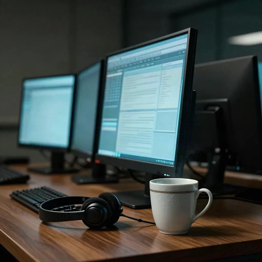 Rédaction nocturne avec écrans cyan, casque audio et tasse froide sur bureau en bois.