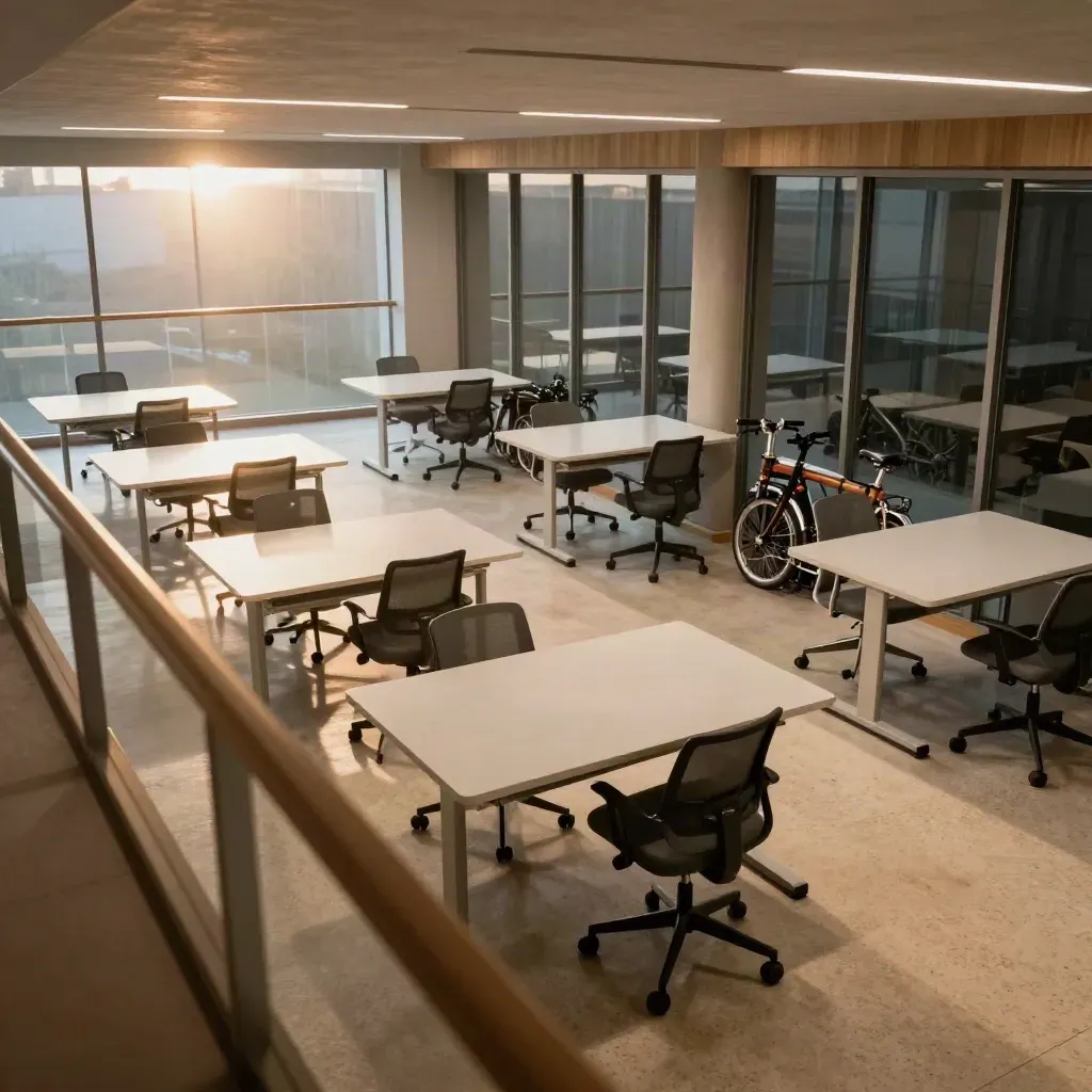 Open space vide au soir, bureaux réglables, chaises et vélos pliants près d’une baie vitrée.
