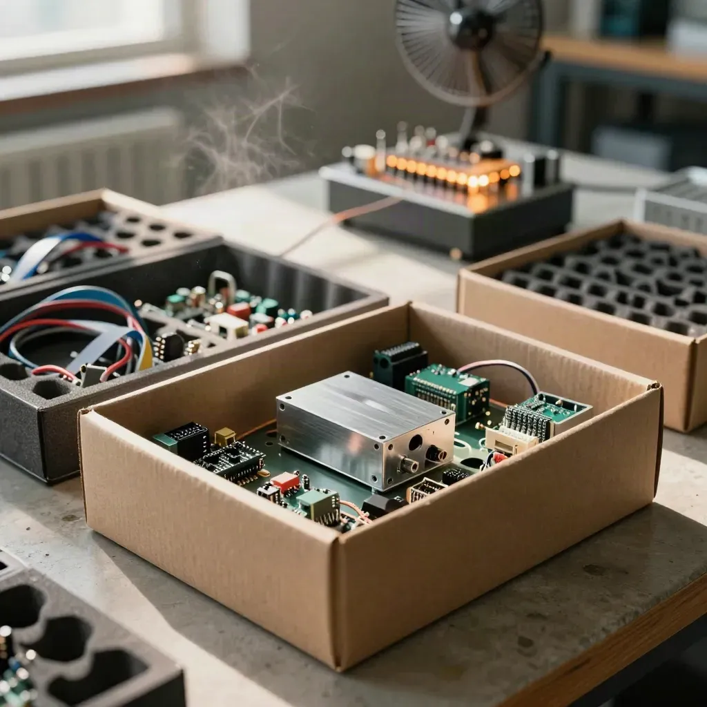 Atelier de start-up avec composants électroniques et banc de test qui pulse au fond