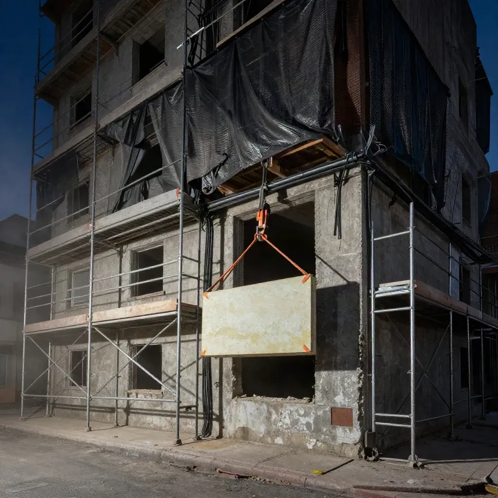 Façade en rénovation avec grue soulevant un panneau d’isolation, vue en contre-plongée.