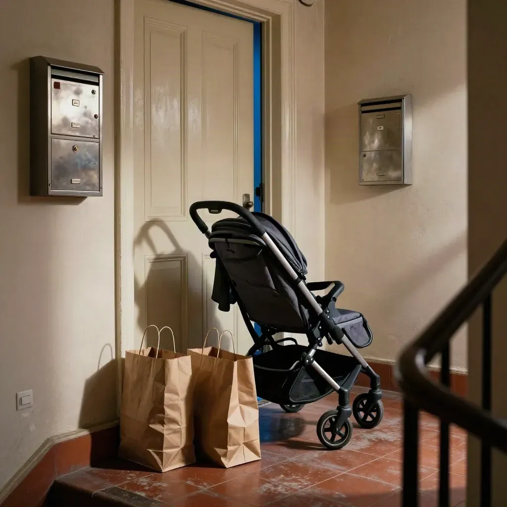 Entrée d’immeuble avec sacs de courses, poussette vide et boîtes aux lettres, lumière de couloir fatiguée.