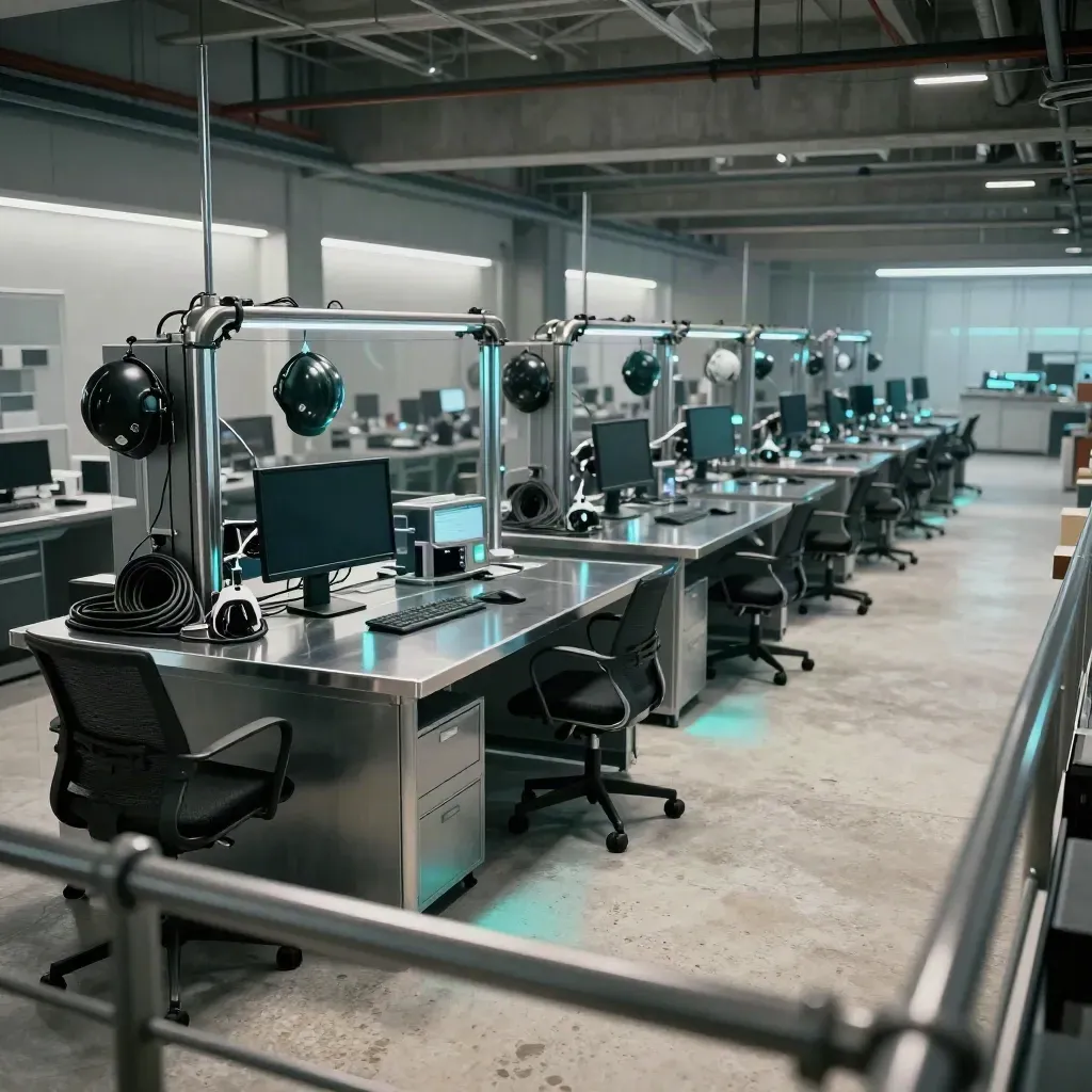 Atelier de production vu d’une passerelle, postes vides et lueurs cyan avant la relève.