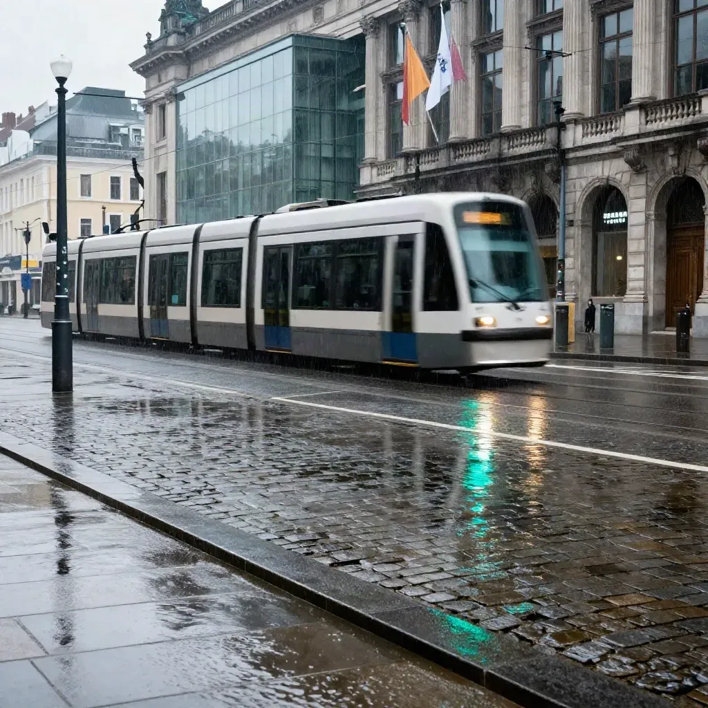 Tram flou traversant une place bruxelloise sous la pluie devant un bâtiment institutionnel.