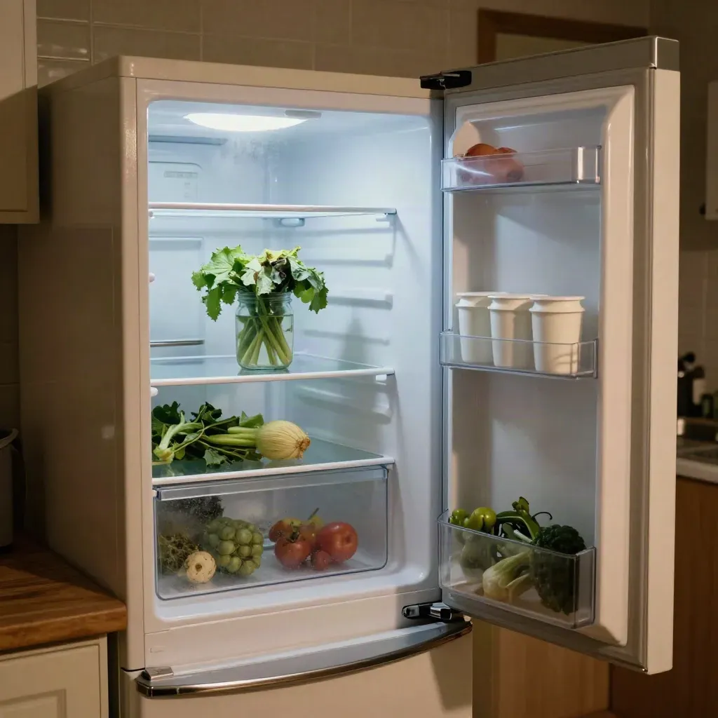 Réfrigérateur presque vide dans une cuisine familiale, trois yaourts, bouquet fané et quelques légumes.