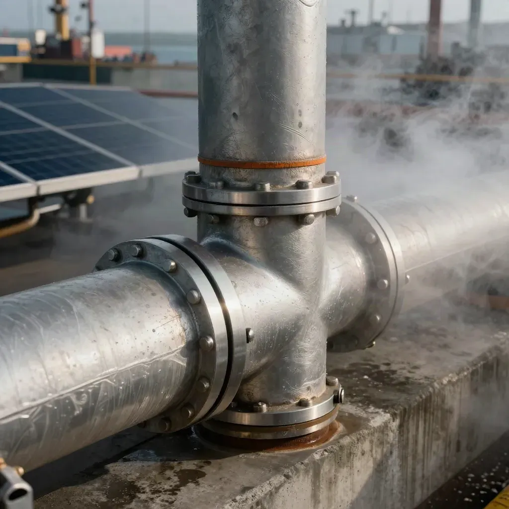 Gros plan d’une tuyauterie d’usine bas carbone au port, vapeur blanche et panneaux solaires