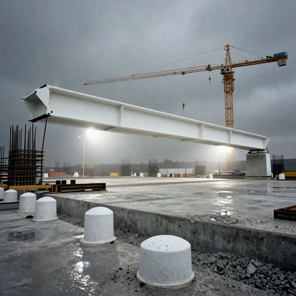 Grand chantier d’infrastructure avec poutres blanches, grue et brouillard léger.