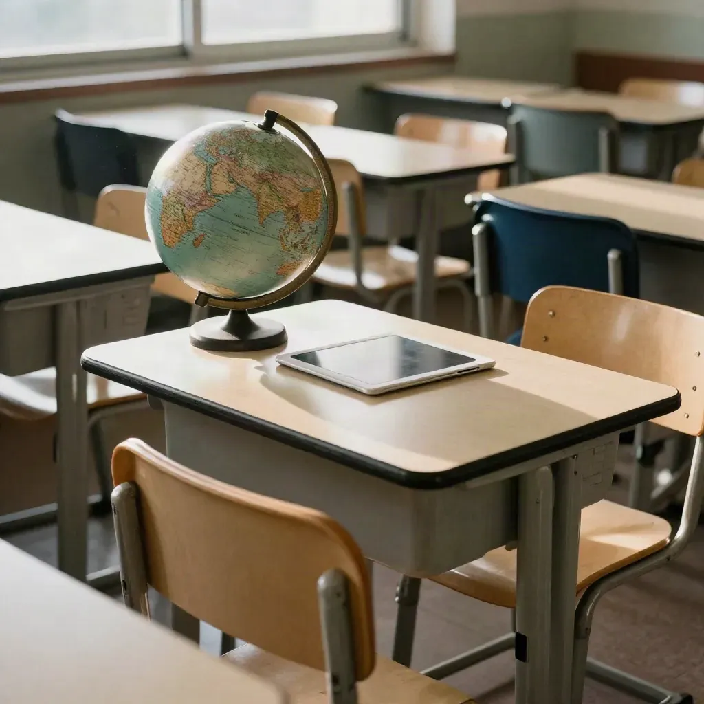 Salle de classe vide avec chaises empilées, globe et tablette sous la lumière du matin.