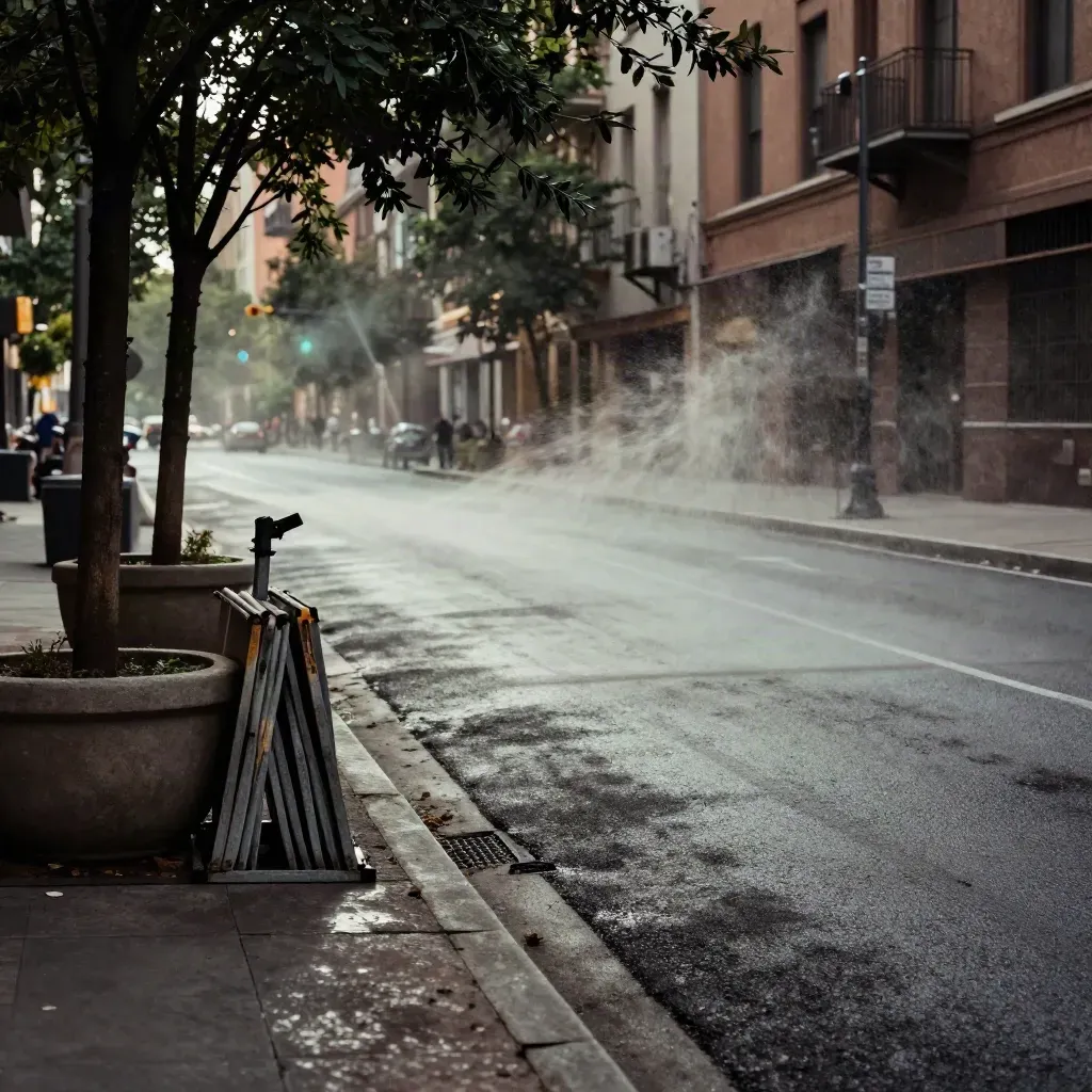 Rue d’été avec brumisateur municipal, arbres en bac et barrières anti-crue au bord du trottoir.